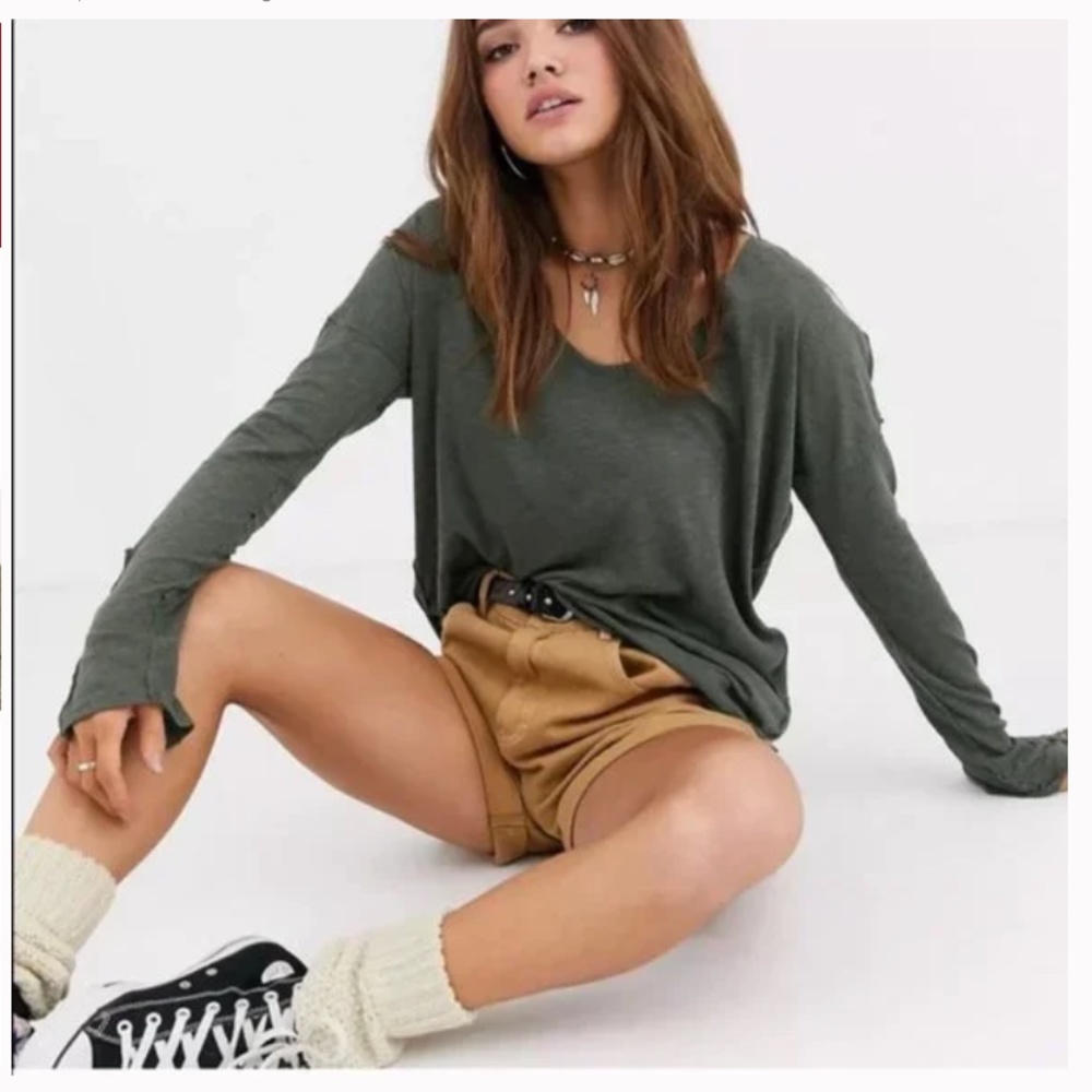 Free People We The Free Sienna Tee Long Snap Button Sleeve Shirt Top Army Green